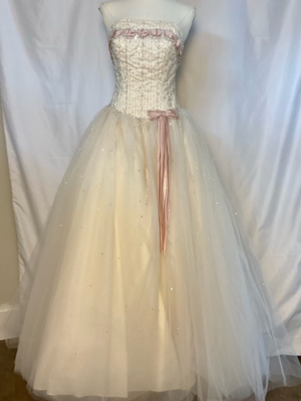 Gorgeous Mori Lee Madeline Gardner champagne & pink beaded tulle gown size 5/6